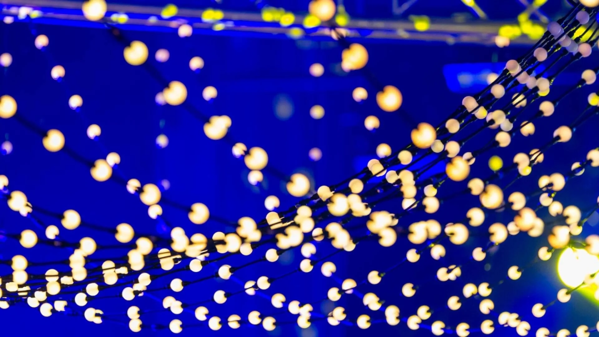 Viele kleine, gelbe Pünktchen einer Lichterkette vor blauem Hintergrund.
